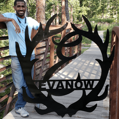 A photograph of a Deer Antler Monogram by the metal art manufacturer Kraken Design Co.