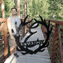 Load image into Gallery viewer, A photograph of a Deer Antler Monogram by the metal art manufacturer Kraken Design Co.