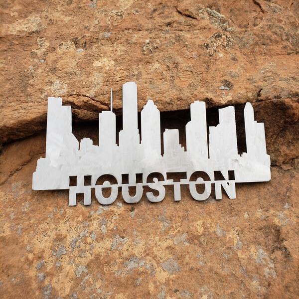 A photograph of a Houston Skyline by the metal art manufacturer Kraken Design Co.