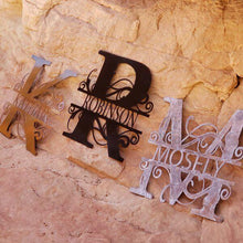 Load image into Gallery viewer, A photograph of a Split-letter Monogram by the metal art manufacturer Kraken Design Co.