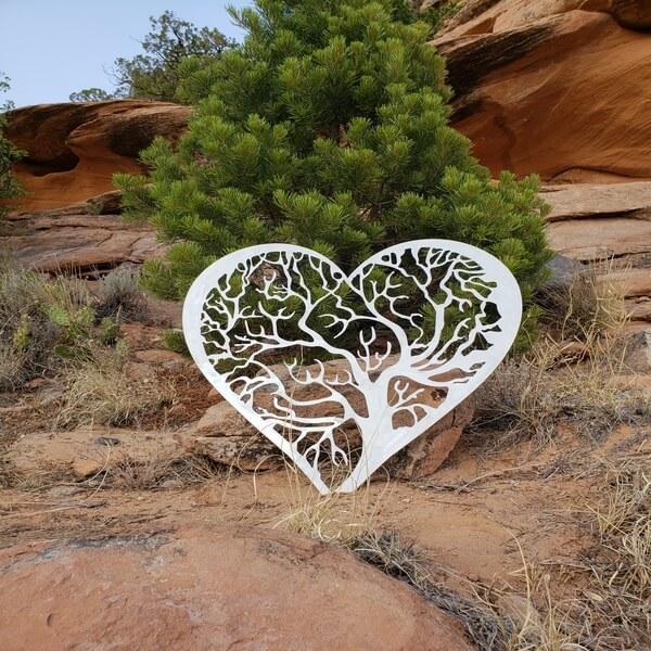 A photograph of a Tree of Life Heart by the metal art manufacturer Kraken Design Co.